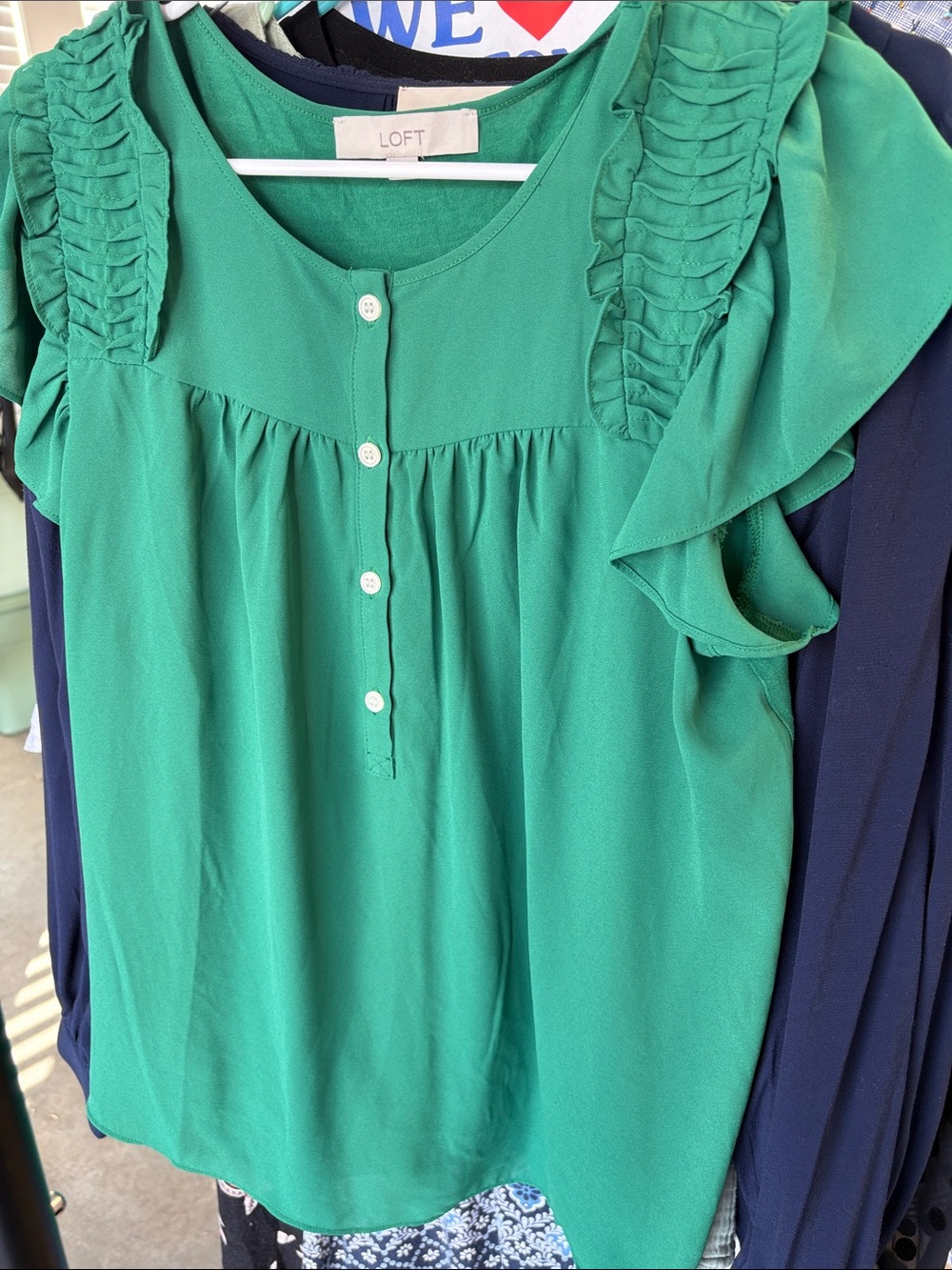 LOFT Emerald Green Ruffle Sleeve Button-Front Blouse Sz L